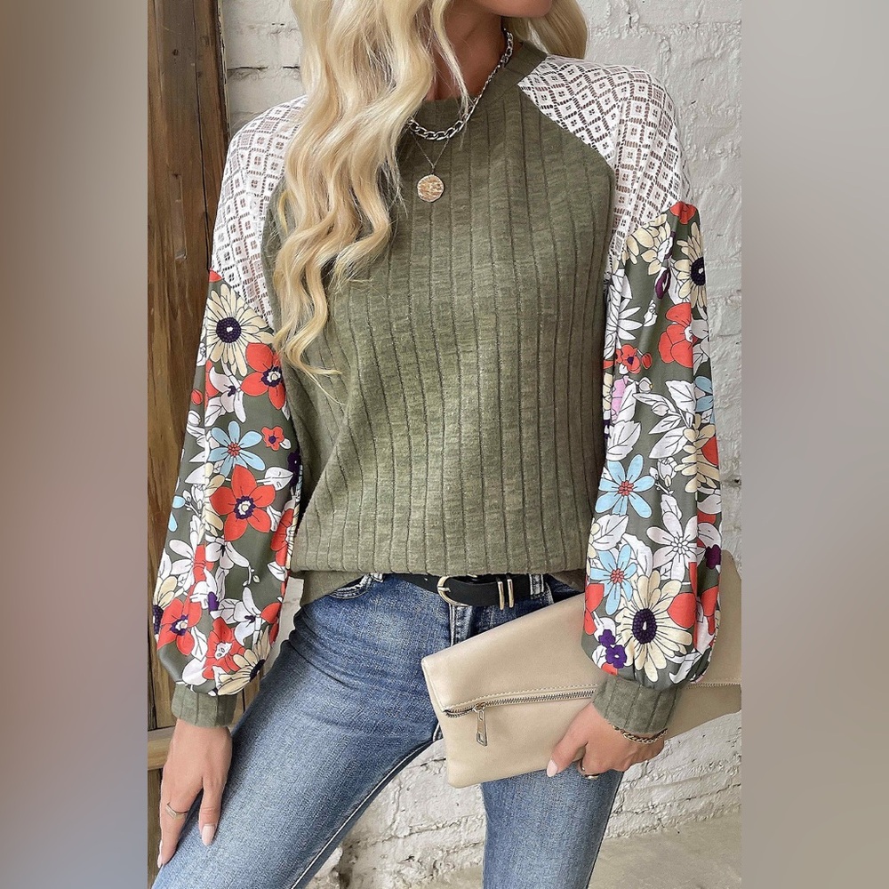 Laurel Green Floral Patchwork Long
Sleeve Ribbed Blouse Bohemian Top - Picture 2 of 5